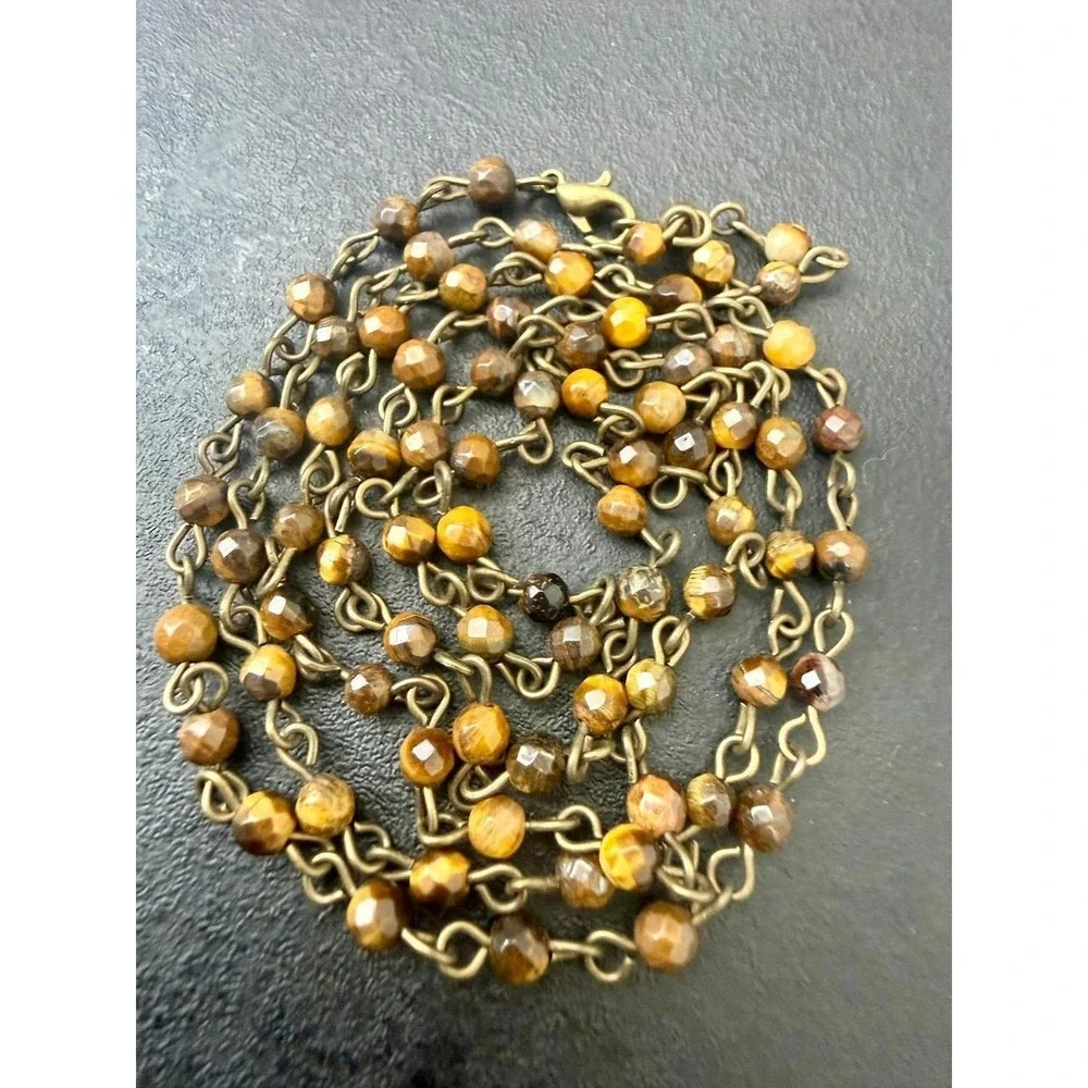 Tiger Eye Faceted Bead Necklace Brown Stone Linked Chain Boho Strand